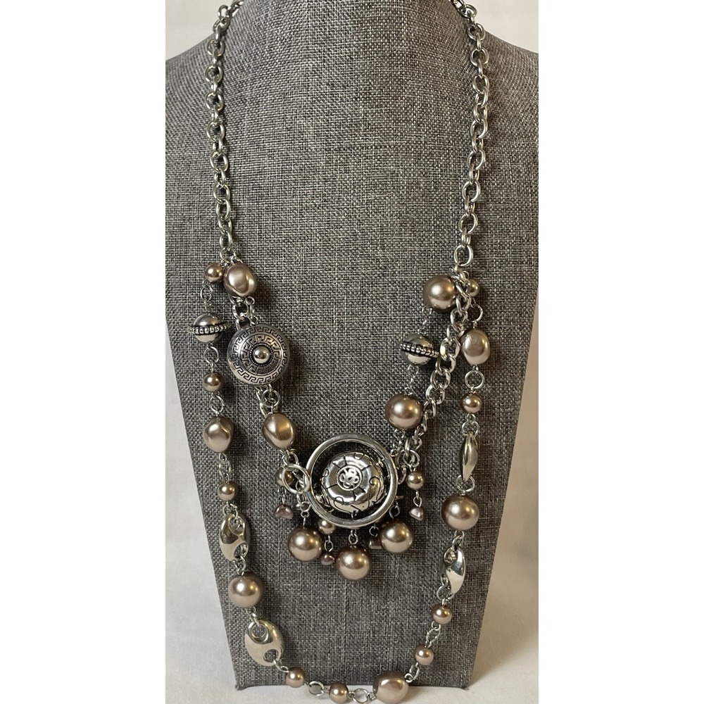 90s Ornate Metal Layered Bib Necklace 20" Beige Beads Silver Tone Oval Link